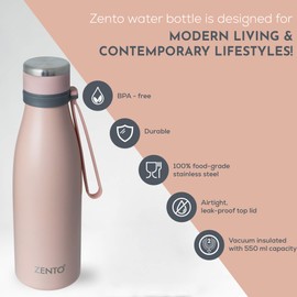 Zento BPA Free Stainless Steel Insulated Vacuum Water Bottle – 550ml, Thermoshield Technology, Cold for 24 Hours & Hot for 12 Hours, Reusable Drinking Bottle with Multi-Purpose Use (Peach)