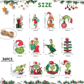 36 PCS Christmas Tree Decorations, Grinch Christmas Decorations, Christmas Tree Ornaments - Cute Wooden Hanging Ornaments for Christmas Tree, Christmas Tree Grinchs Wood Ornaments for Winter Holiday