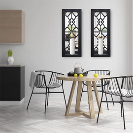 Large Size Wood Wall Sconce Candle Holder Set 2, Rustic Wall-Mount Candle Holders, Farmhouse Hanging Wall Décor, Carved Wood Frame, Mirrored Candle Holder