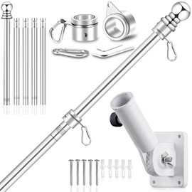 6 FT Flag Pole Kit with Mutil-Position Adjustable Bracket & Metal Tangle Free Flagpole Rings, 1" Thicken Stainless Steel Outside House Wall Mounting Flag Pole for 3x5 Flag (6 FT, w/180° White Bracket)