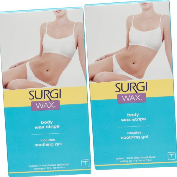 Surgi Body Wax Strips, 14 Double Sided Strips (with Soothing Gel for Soft, Smooth, Silky, Hair-free skin up to 6 weeks!) x 2 Pack