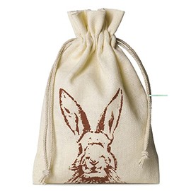 5 Cotton Bags with Rabbit Motif and Cotton Cord, Size 20 x 12 cm, Cotton Bag, Gift Bag for Easter (Cream/Brown)