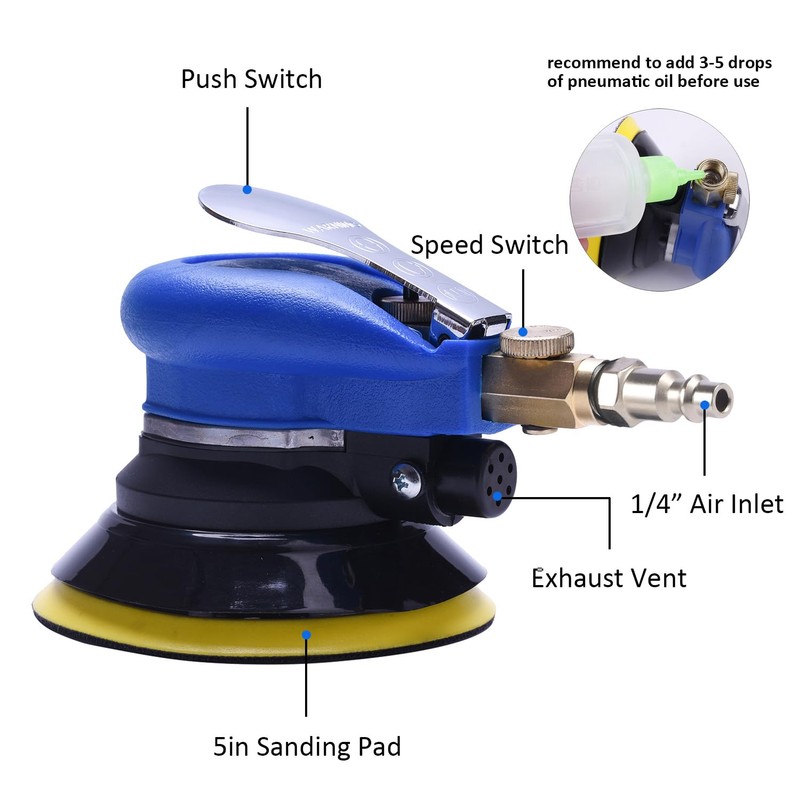 Air Random Obrital Sander 5" Dual Action Palm Sander, Hook