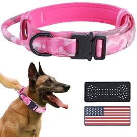 Hotsky Tactical Dog Collar with Handle for Large Medium Dogs,Upgrate Heavy Duty Military Training Nylon Adjustable Dog Collar with Metal Buckle and Two Patches for Camouflage Fans（Pink Camo,L）