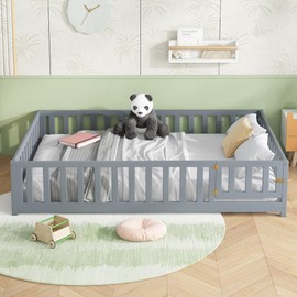 Bellemave Floor Bed Full Size Montessori Bed Frame with Fence and Door, Wooden Full Platform Bed for Kids, Boys Girls, Solid Wood Full Bed, No Box Spring Needed (Grey)