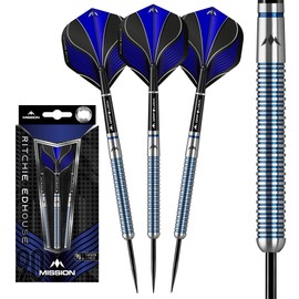 Mission Darts Ritchie Edhouse | The Madhouse Premium 90% Tungsten Straight Barrel Steel Tip Dart Set with 3 Flights, 3 Mission Shafts with S-Lock Rings and Point Protector, Blue