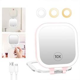 FASCINATE 10X Magnification Compact Travel Makeup Mirror with Lights and Magnification, 3.5 inch Portable 1X/10X Magnifying Mirror with 3 Color Light, Folding, Handheld Floral Mini Foldable Makeup Mirror - Color: Pink