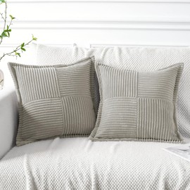 Artscope Corduroy Cushion Covers Pack of 2 Modern Patchwork Throw Pillow Covers Soft Pillowcase Broadside Decorative Textured Cushions for Home decor Sofa Bedroom Couch Light Gray 45x45cm