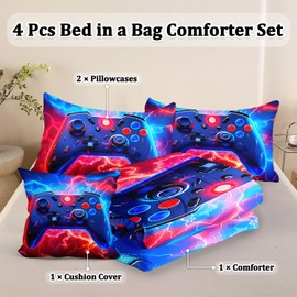ASKOTU Twin Gamer Bedding Sets for Boys Teen, 4 Piece Twin Size Gaming Comforter Set for Boys, Twin Bedding Set for All Season