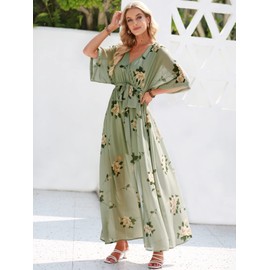 ANRABESS Women’s Summer Loose Boho Flowy Wrap V Neck 3/4 Sleeve Floral Print Slit Beach Wedding Guest Long Maxi Dresses Floral Green Medium
