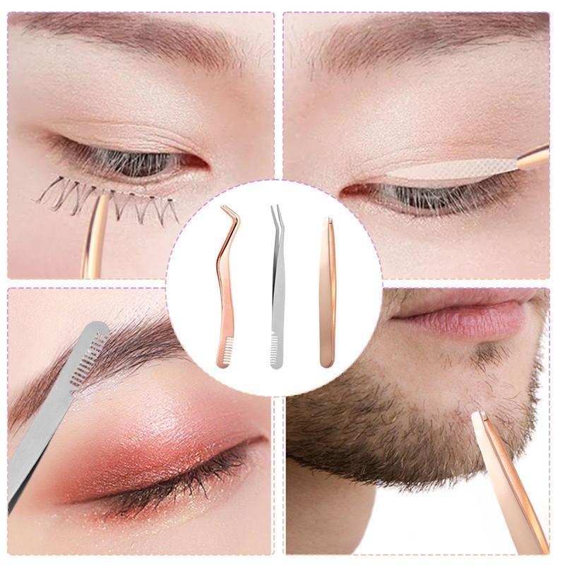3 Pieces with Comb Tweezers, Grafted Eyelash Tools, Stainless Steel