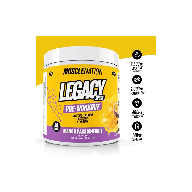 Muscle Nation Pre-Workout Mango Passionfruit Legacy Sport 225g (30 Serves)