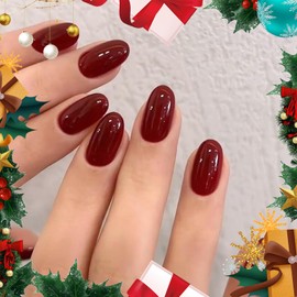 modelones Dark Red Short Press On Nails, Oval Fake Nails with Nail Glue, Adhesive Tabs, Nail File, Prep Pad, Manicure Stick, 32Pcs 16 Sizes, Cherry, Christmas