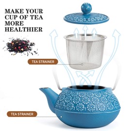 Sotya Cast Iron Teapot, 30oz/900ml Japanese Tetsubin Tea Pot with Infuser for Loose Leaf and Tea Bags, Tea Kettle Coated with Enameled Interior for Stove Top, Dark Blue