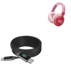 BoxWave Cable Compatible with JBL Junior 470NC Noise-Canceling Wireless Over-Ear Kids Headphones - PowerDisplay PD Cable (6ft) - USB-C to USB-C (100W), LED Wattage Info Extra Long Braided Nylon