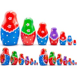 AEVVV Nesting Dolls Set of 7 pcs - Classic Russian Dolls in Sarafan Dress with Bouquet of Bellflowers and Lilies - Matryoshka Dolls with Flower Decorations