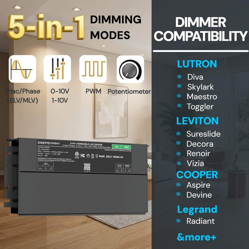 DEEPDYMMY 150W 12V Dimmable LED Driver,AC 110-277V to DC Transformer