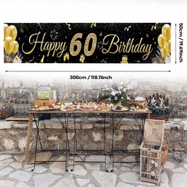 PMELCXD 60th Birthday Banner, 60th Birthday Decorations Black and Gold, Happy 60th Birthday Banner for Men and Women, 60th Birthday（300 * 50cm）
