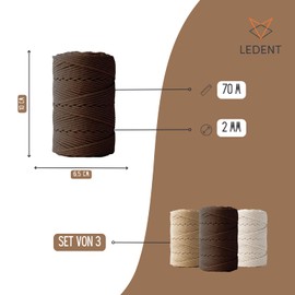 Ledent Macrame Yarn (2 mm, 3 x 70 m, Set of 3 Colours: Ecru, Dark Brown & Brown) Double Twisted - Rope for Macrame Made from 100% Recycled Cotton Yarn - Macrame Yarn for Crafts