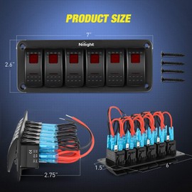 Nilight 6 Gang Rocker Switch Panel 5Pin On Off Toggle Switch Aluminum Holder 12V 24V Dash Pre-Wired Red Backlit Switches for Automotive Cars Marine Boats RVs Truck, 2 Years Warranty