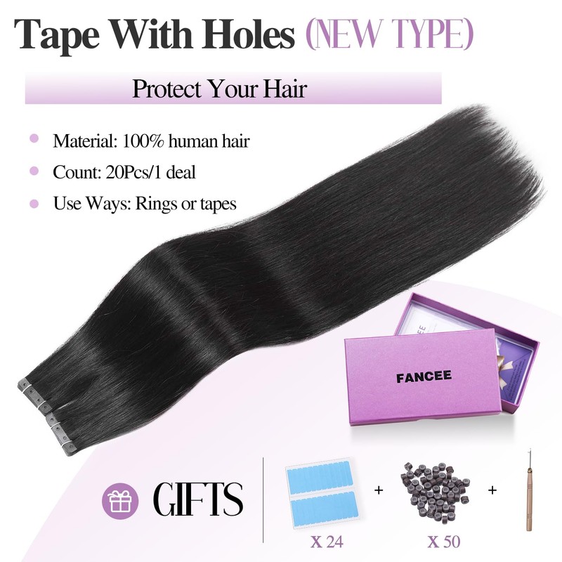 FANCEE No Glue Human Hair Hair Extensions Jet Black Tape