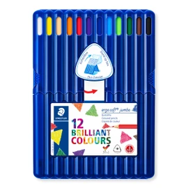 STAEDTLER dicke Buntstifte ergo soft jumbo, erhöhte Bruchfestigkeit, dreikant, ABS-System, rutschfeste Soft-Oberfläche, 12 Buntstifte in der aufstellbaren STAEDTLER-Box, 158 SB12