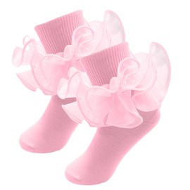 MKYSZLT 2 Pairs Girls Ruffle Socks Toddler Girl Lace Frilly Dress Socks Fold Cuff Big Ruffles Church Pageant Sock Little Kid (US, Age, 8 Years, 10 Years, 2 pairs - pink)