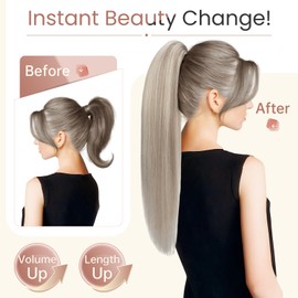 Elailite Human Hair Ponytail Extension Claw on Clip Real Human Hair Natural HairPiece Straight (#18Y/613 Ash Blonde Mix Bleach Blonde, 14 Inch)