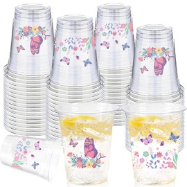 50 Pieces Butterfly Plastic Cups, 12 Oz Butterflies Floral Plastic Clear Disposable Drinking Cups for Spring Summer Party Favor Baby Shower Birthday Wedding Party Supplies