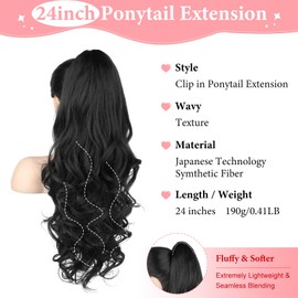 Brikabia Ponytail Extension, 24" Claw Clip in Ponytail Extensions Long Curly Wavy Ponytail Hair Extension Jaw Clip on Pony Tails Natural Hairpiece for Women, Natural Black