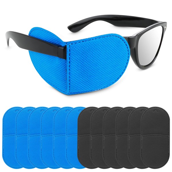 12Pcs Eye Patches for Glasses, Reusable Non-Woven Fabric Eye Patch Medical for Adult Kids Left Right Eye, Eyepatch for Glasses Treat Lazy Eye Amblyopia Strabismus for Left & Right Eyes (Black&Blue)