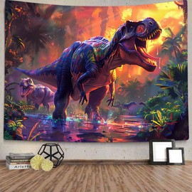 Xiaoput - Tapiz de póster de dinosaurio para decoración de pared de habitación de niños, tapiz de dinosaurio fresco de selva bosque, tapiz de dinosaurio para decoración de pared para recámara, sala de