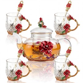 Maxdot 5 Pcs Floral Glass Tea Set with Teapot and Infuser, 14 oz Vintage Flower Teapot with 4 Rose Enamel Cups 3 oz and Spoons, Tea Party Set, Gift for Women Mom Grandma