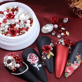 Big Red Rose Nail Charms - Diowino Metal Aluminum Flower Nail Decoration Box Pack Explosive Flash Water Diamond Sharp Nail Art Charms Bottom Diamond Pearl Nail Accessories Valentine's Day