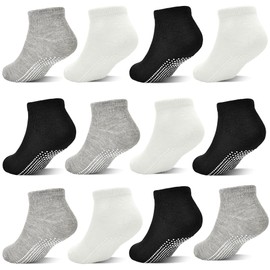 HYCLES Baby Boys Girls Non Silp Grip Socks 12 Pairs Toddler Non-Slip Cotton Ankle Socks with Grippers Kids Breathable Socks for 6 Months - 7 Years, 01# Black + White + Grey
