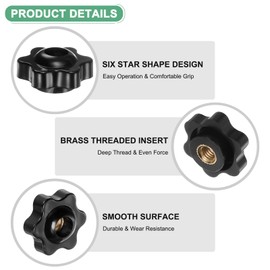 M METERXITY 6-Pack 6 Star Knobs, 1/4"-20 Female Thread 0.98"(25mm) Hexagon Head Through Hole Clamping Grip Handles for Machinery/Electronic/Woodworking, Brass Screw-On Threaded Knob [Black]