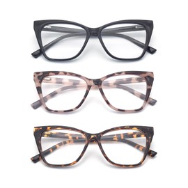 HIGHLIKE 3-Pack Reading Glasses for Women Stylish Oprah Cat-Eye Spring Hinge Readers Anti Blue Light Eyestrain/Glare/UV, Black Tortoise Pink-Bdot 1.75 x