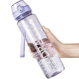 OLDLEY 1L Sports Water Bottle with Straw, Tritan 1 Litre Motivational Drink Bottle, BPA Free Leakproof Transparent Water Bottle with Time Marker for Cycling, School, Gym, Outdoor (Purple)