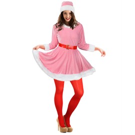 Geyoga Women's Santa Claus Costume Set Velvet Dress with Belt Women's Xmas Striped Tights Santa Hat Set Dress Cosplay(Small,Pink)