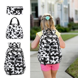 Xunteny School Backpack for Girls 3Pcs Set Elementary Middle School Book Bags with Lunch Box Pencil Case (Cow Print Black)
