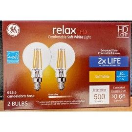 GE Relax LED  60W Soft White Dimmable 500 LUMENS G16.5 Candelabra BASE/2 pk NEW