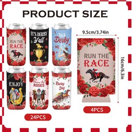 24 Pcs Can Cooler Sleeves for Horse Race Day, Tall Beverage Holders for Soda and Energy Drinks, Roses Design Party Favors, Equestrian Theme Decorations Set