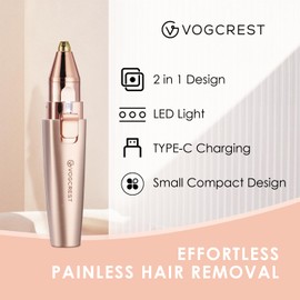 VG VOGCREST VG VOGCREST Eyebrow Facial Trimmer: 2 in1 Rechargeable Facial Hair Removal and Eyebrow Shaver - Face Lips Body Painless Facial Razor with Built-in LED Light (Rose Gold)