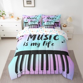 Feelyou Music 7 Pieces Bedding Set Full Size Blue Purple Comforter Set with Sheets for Kids Boys Girls Hip Hop Bed in a Bag Musical Instrument Bed Set