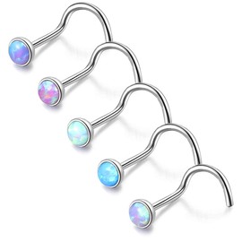 ZS 5 Pieces Opal Nose Studs 20 Gauge Nose Pin Blue Nose Piercing Stud Stainless Steel Nose Stud Retainer L-Shape (5PCS Nose Screw Rings)