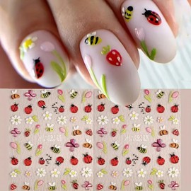 Spring Flower Nail Art Stickers 2PCS 5D Embossed Bee Butterfly Flower Nail Decals Tulip Ladybug Daisy Spring Nail Design Adhesive Sliders Cute Nail Art Supplies for Women Girls Manicure Decoration