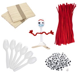 Fork Creativity Set, 100 Sets Forky DIY Creative Crafts Pack Plastic Sporks Red Pipe Cleaners Googly Eyes Popsicle Stick