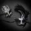 Couples Masquerade Masks | Feather Masquerade Mask Silver Black