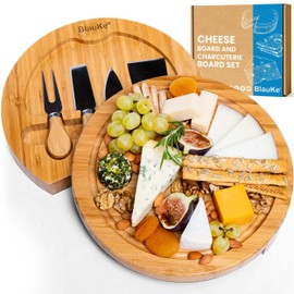 BlauKe Bamboo Cheese Board and Knife Set - 10 inch Round Charcuterie Board, Serving Tray, Platter, Wood Cheese Set - Gift Idea