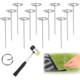 11Pcs Outdoor Rug Stakes and Rubber Mallet Set - 6 Inch Circle Top Steel Pins Camping Mat Stakes for Fixing Outside Fabric Patio Rugs Tents Tarps Rv Mats Holder Garden Planting Accessories